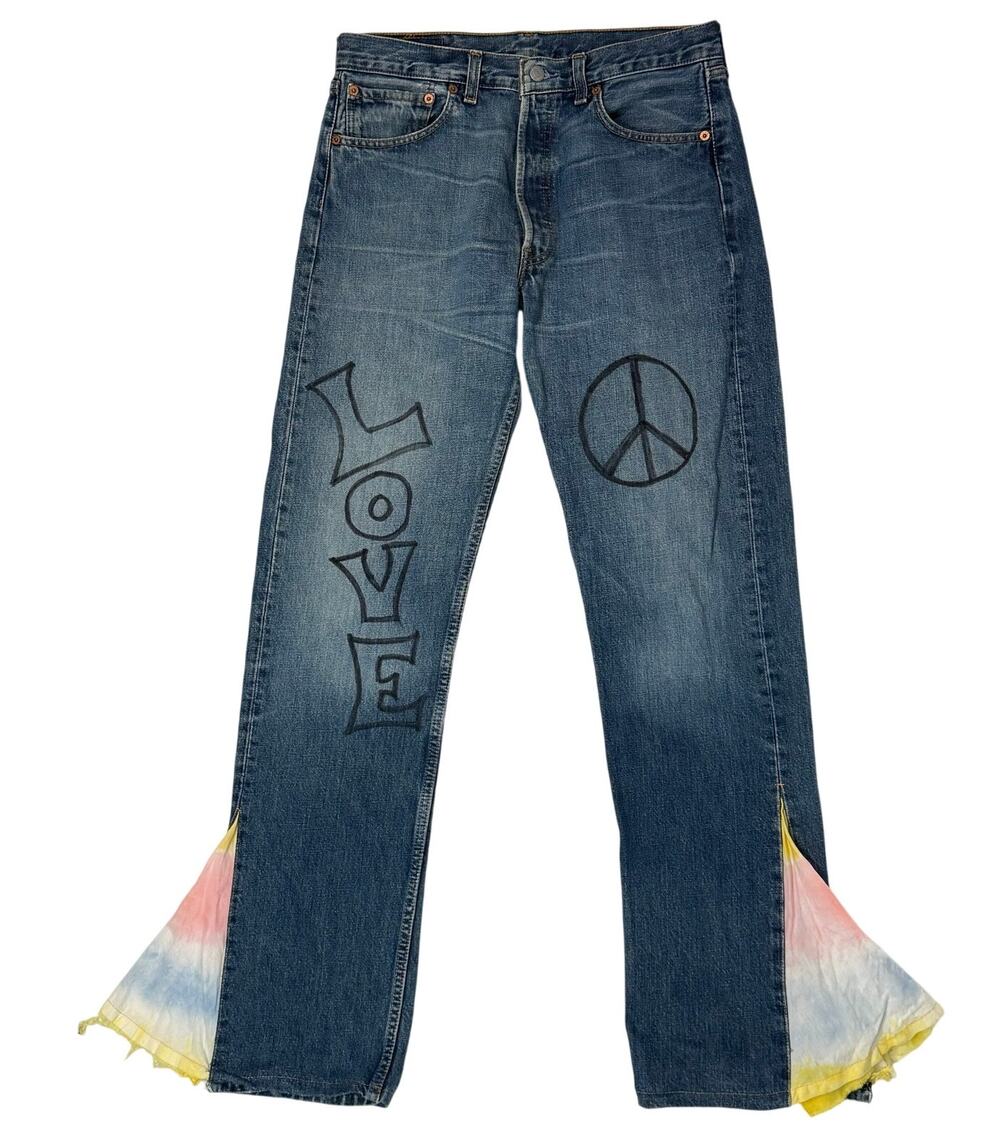 Vintage 90s Levi’s 501 Denim Jeans 32x34 Peace Love Freedom Tie Dye